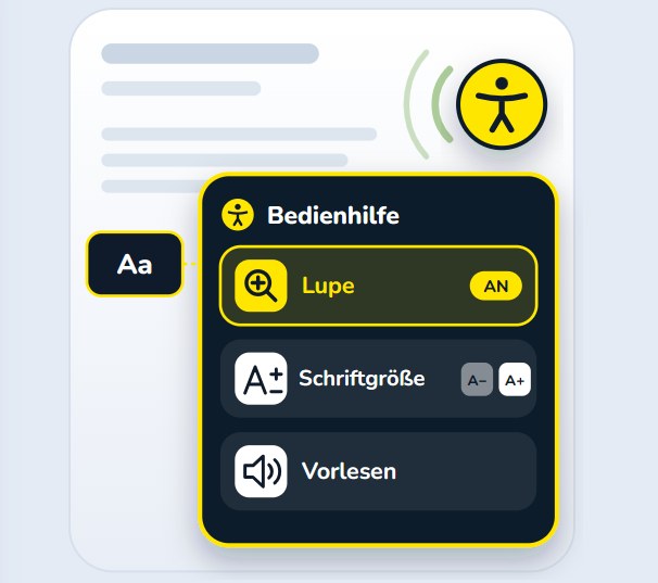 Graphic: open RUHEPOL® accessibility tools with yellow symbol and the functions magnifier, text size and read aloud (German labels)