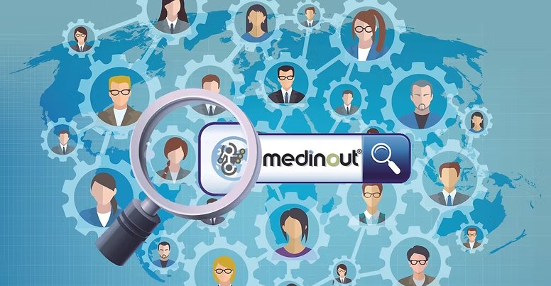 Illustration: a magnifying glass over a search field with the medinout logo, behind it a world map with connected experts