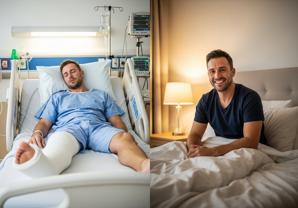Comparison: on the left an injured man with a leg cast in a hospital bed, on the right the same man healthy and smiling at home