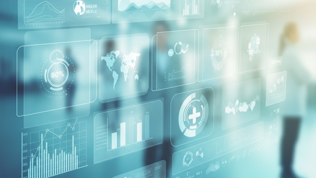 Digital health data shown as charts on glass panels, with people in a bright building behind